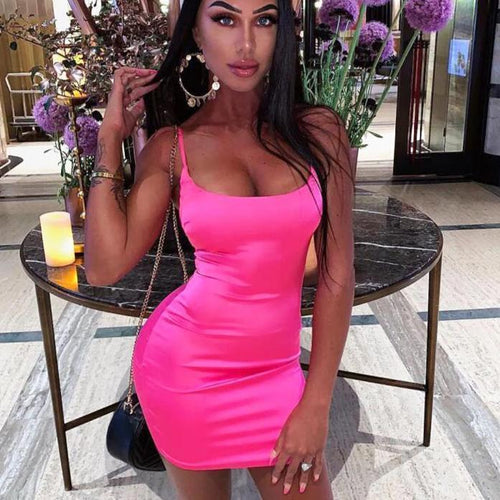 Penny Lane® - Mini Vestido Barbie Neon em Cetim Stresh - Camada Dupla - Verão 2020