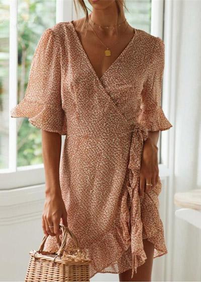 Vestido Transpassado Envelope Curto Estampado com Babado - Frete Gratis