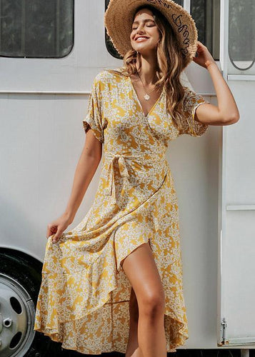 Vestido Envelope Midi Estampado com Babado na Barra - Frete Gratis